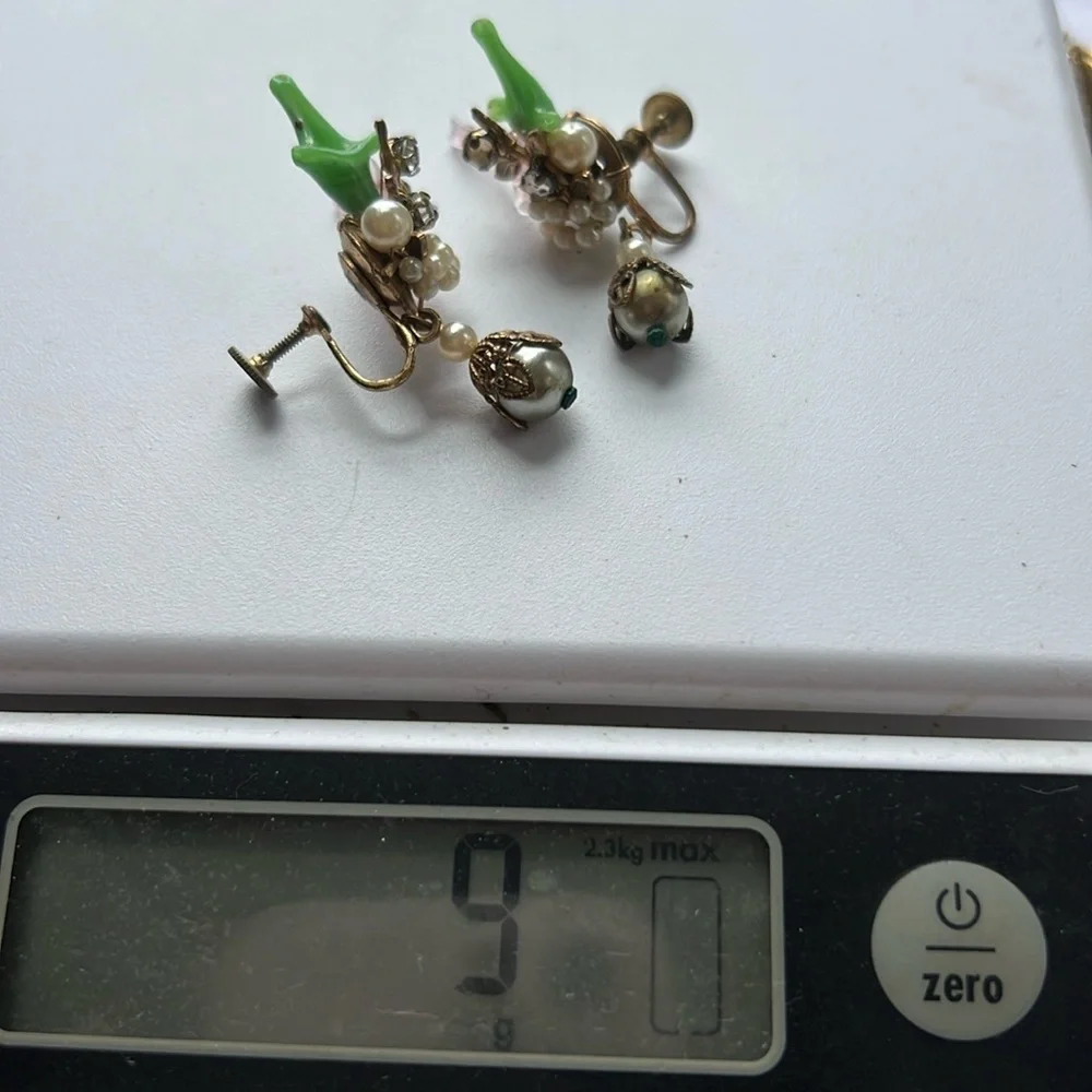 Vintage Rare Early Miriam Haskell Robert Brass Filigree glass leaf Earrings Set